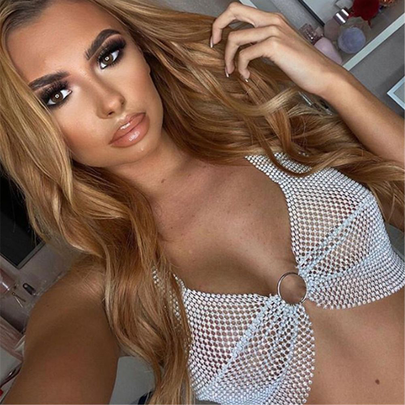 Women Sexy Halter Push Up Crop - Crystal Mesh Fabric 评论和价格